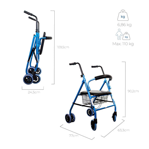 Andador plegable de 4 ruedas y frenos por presión