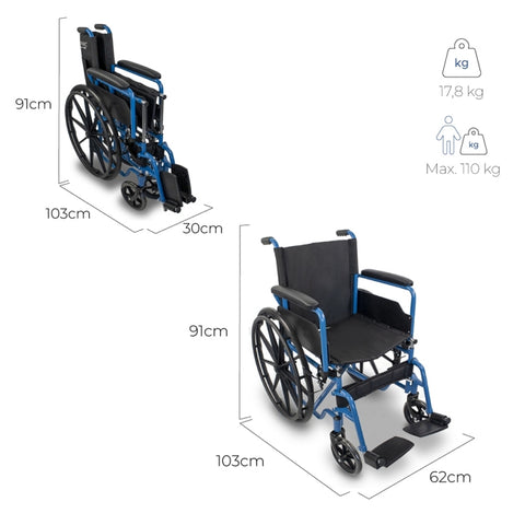 Silla de ruedas plegable con ruedas grandes extraíbles color azul